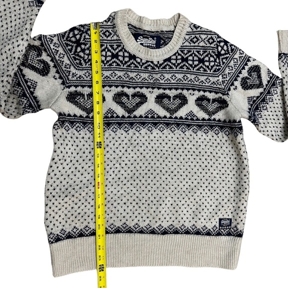 Superdry Fairisle Heart Knit Pullover Sweater Beige/Blue SZ XL Wool Blend - Picture 8 of 10